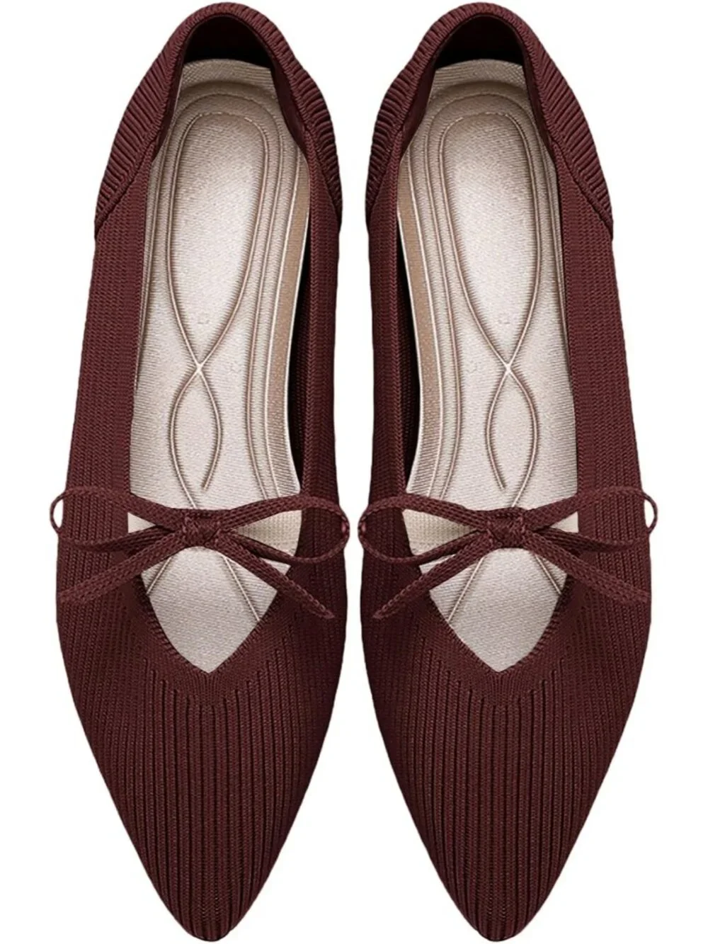Women's Burgundy Pointed Toe Flats Comfortable Knit Ballet Shoes Washable Dressy